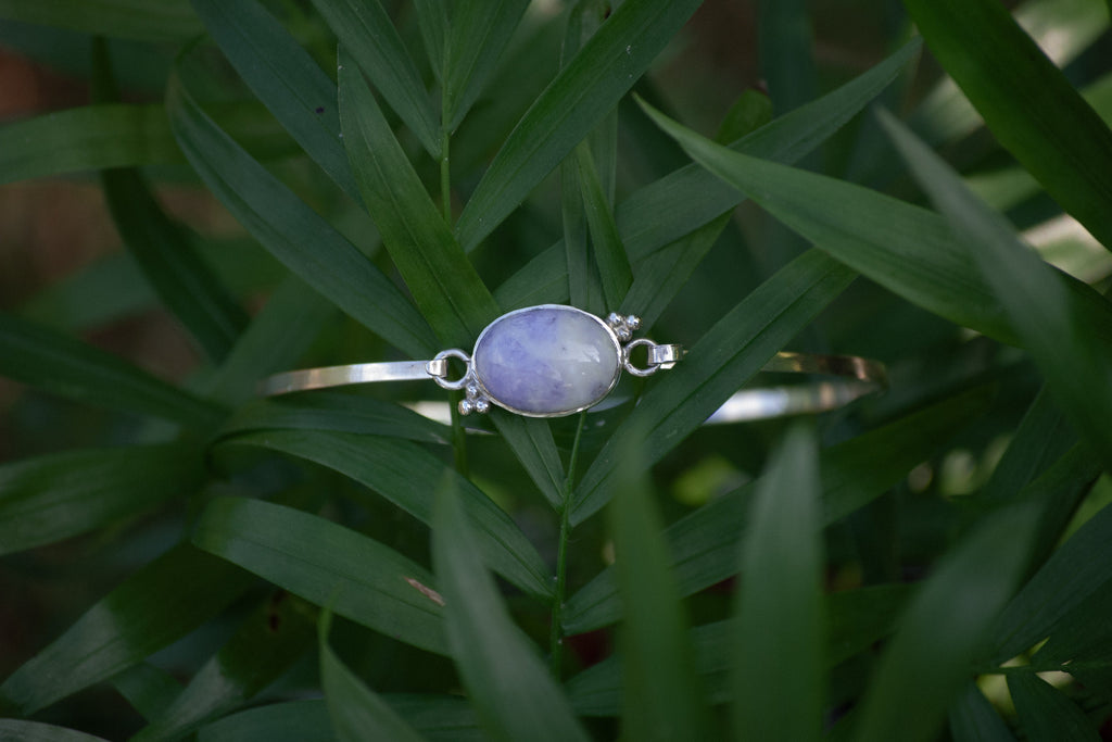 A silver bangle bracelet with an oval light purple stone, resting on green leaves.