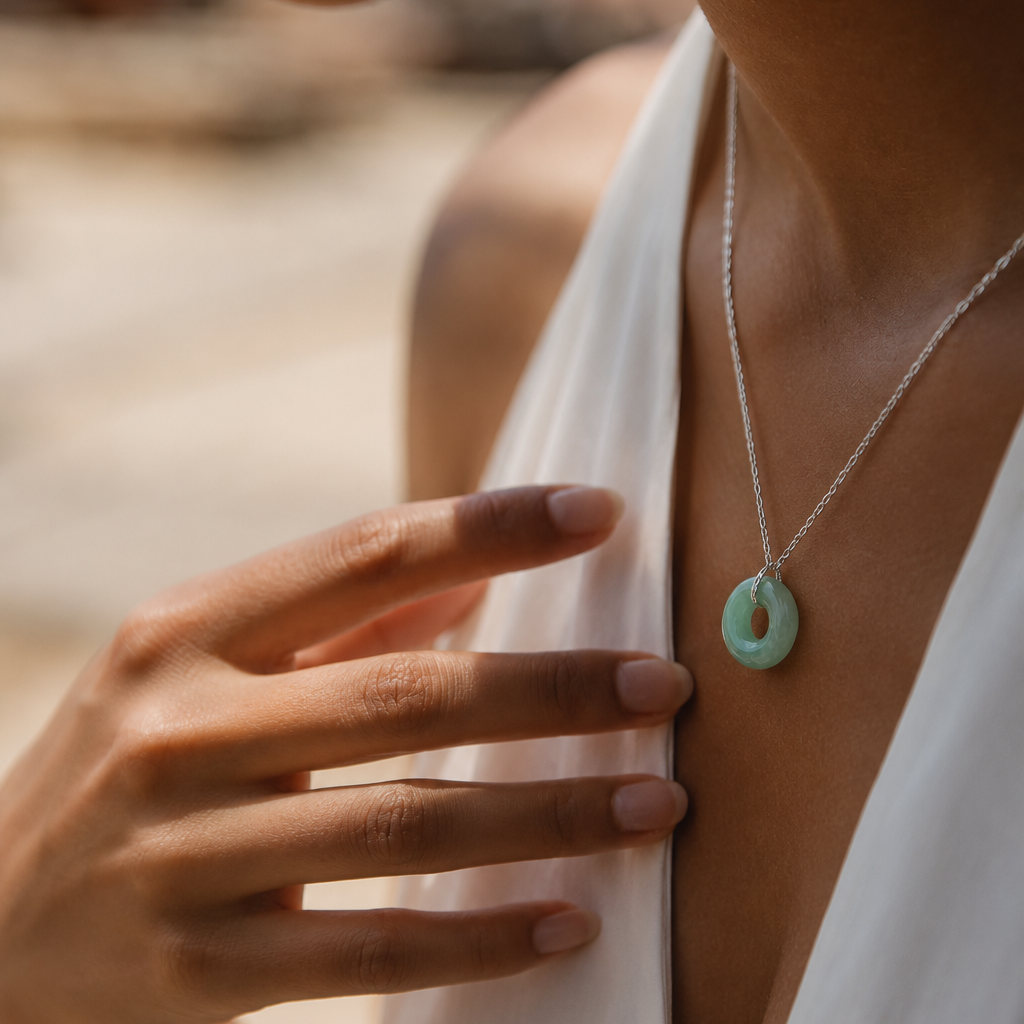 Person wearing a necklace with a green jade pendant 