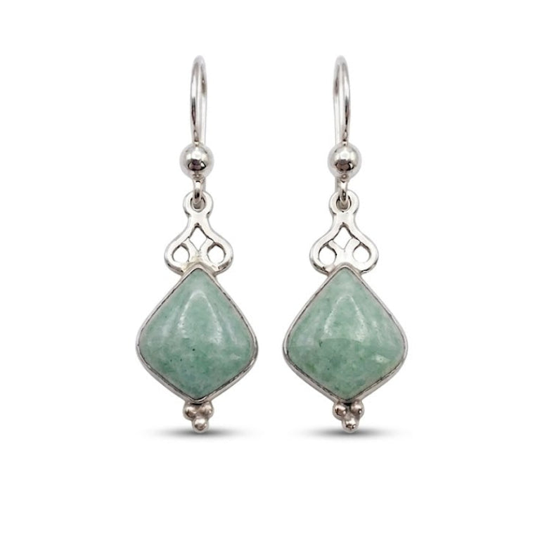 Pair of silver earrings with green jade gemstones on a white background