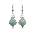 Pair of silver earrings with green jade gemstones on a white background