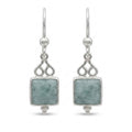 Silver earrings with square green jade gemstones on a white background