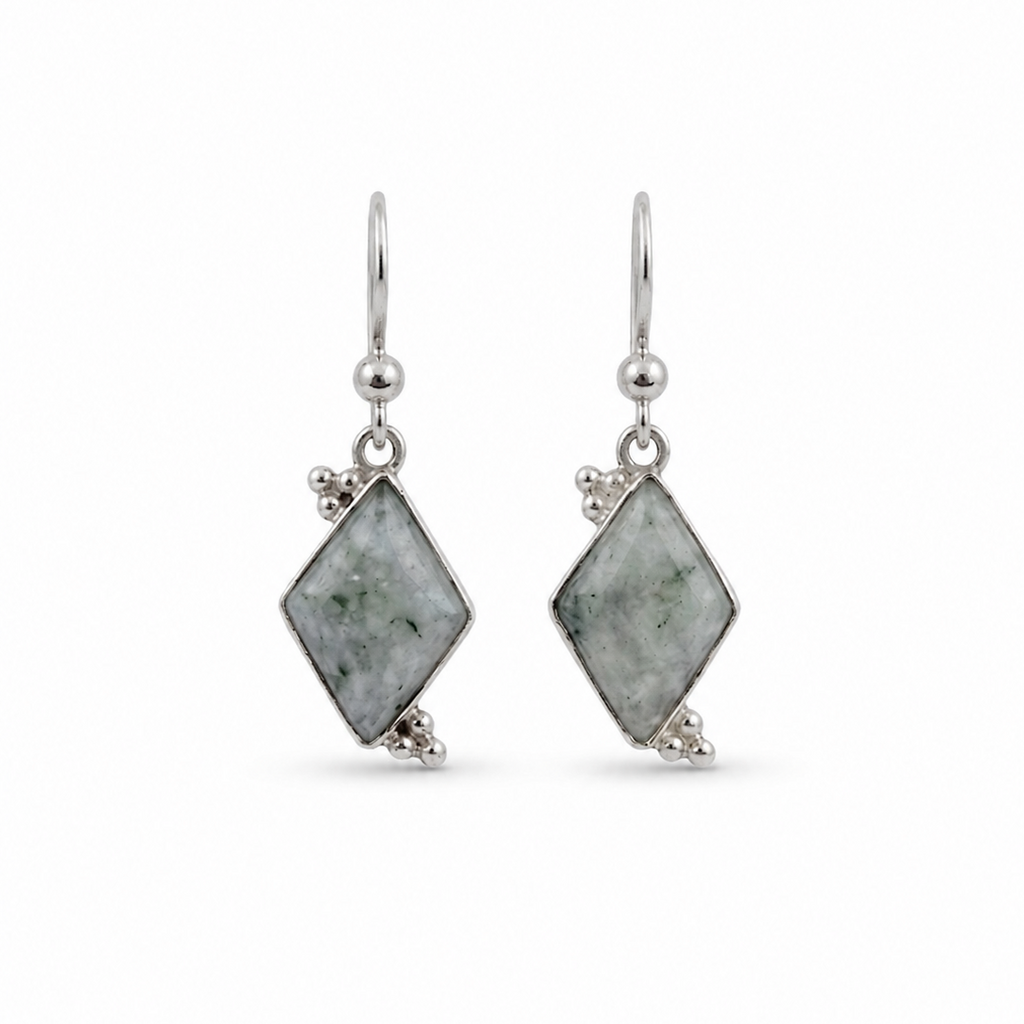 Pair of earrings with moss jade on a white background