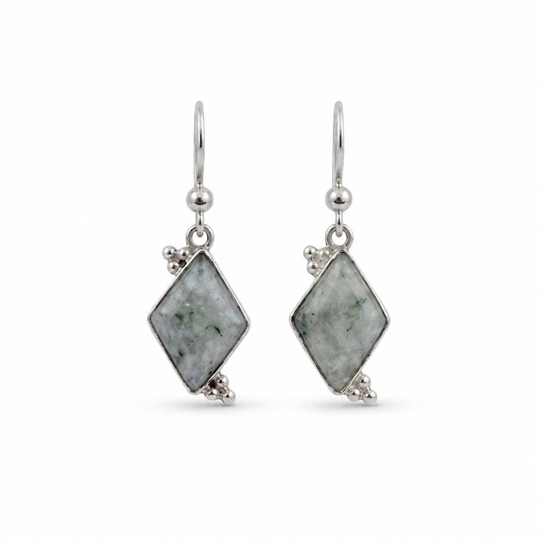 Pair of earrings with moss jade on a white background