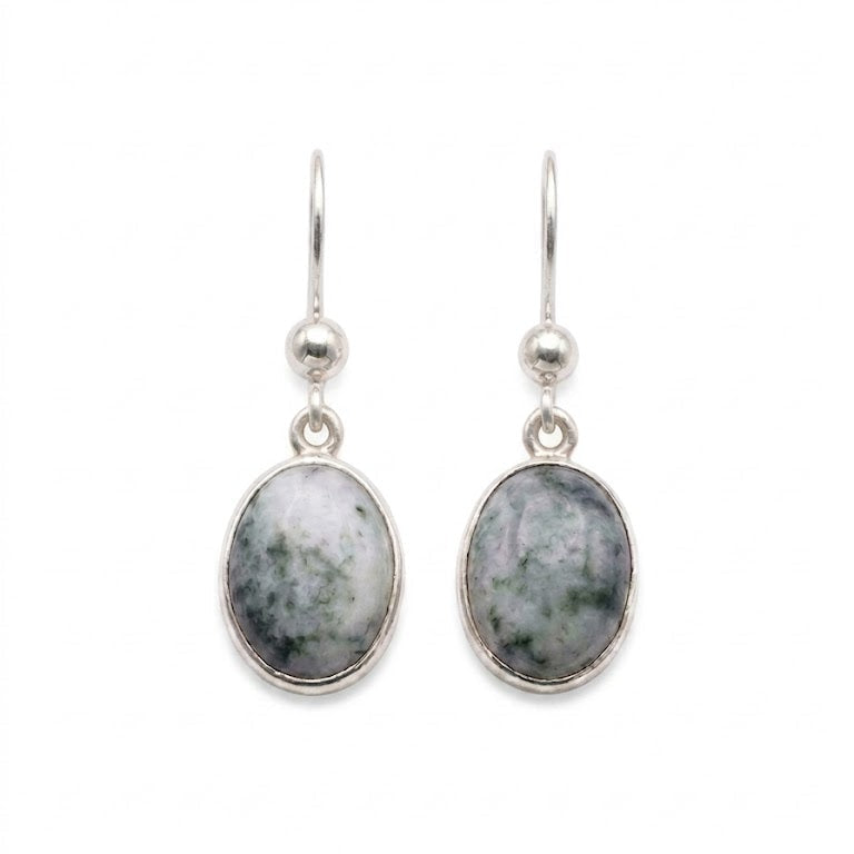 Pair of silver earrings with oval jade on a white background