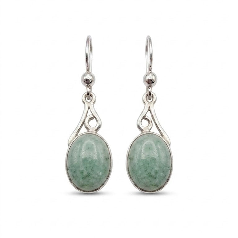 Pair of silver earrings with green jade stones on a white background