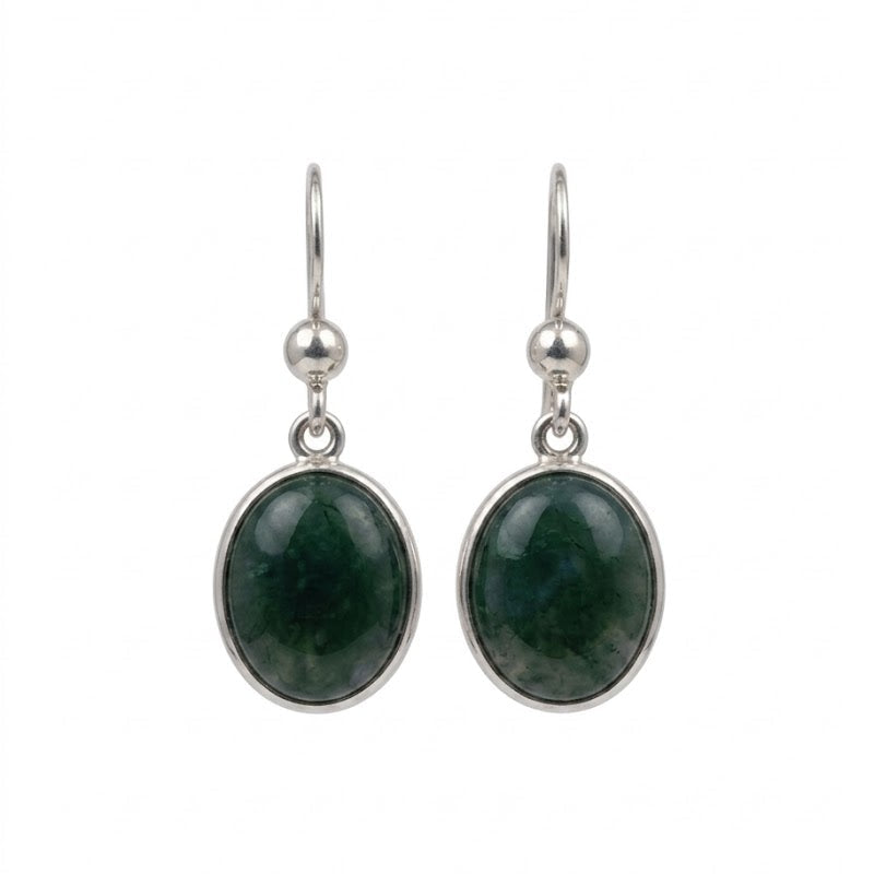 Pair of silver earrings with jade stones on a white background