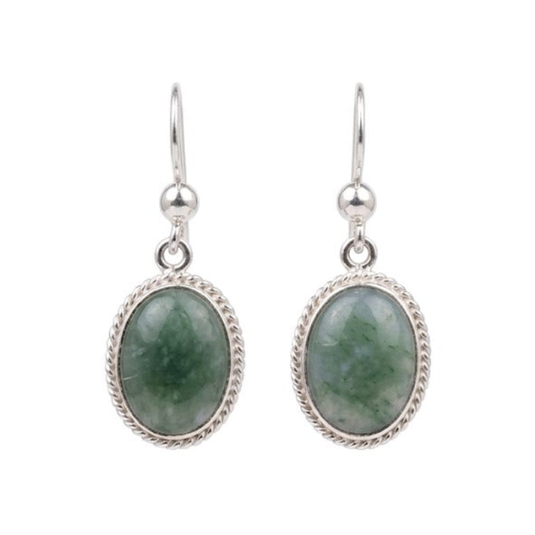 Pair of silver earrings with princess jade on a white background