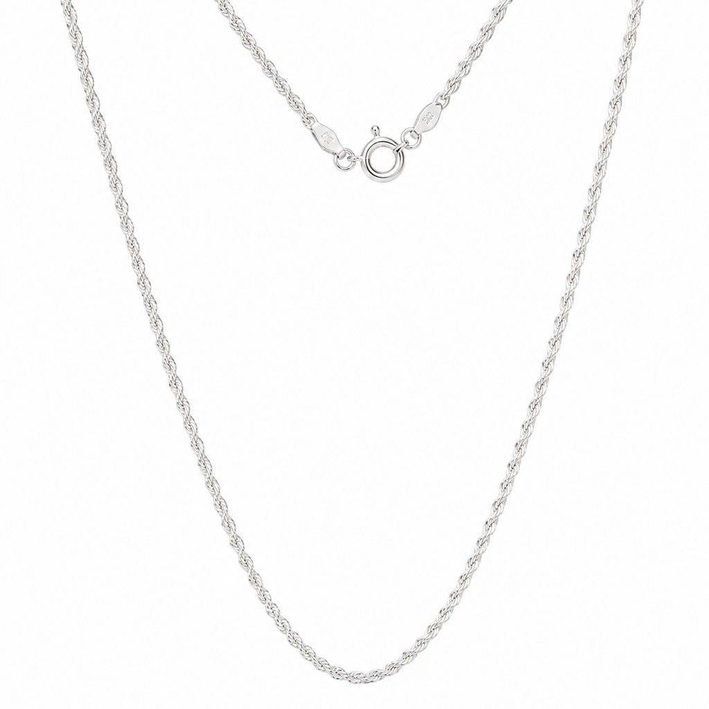 silver rope necklace against white studio background 