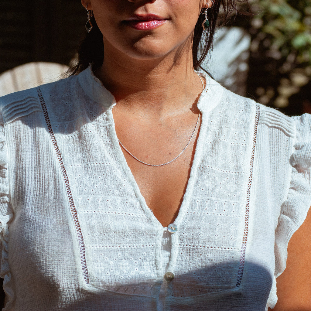 A close-up of a woman wearing a white sleeveless top with ruffled shoulders, a V-neckline, and delicate eyelet embroidery with contrast stitching, set against a warm, sunlit outdoor background.